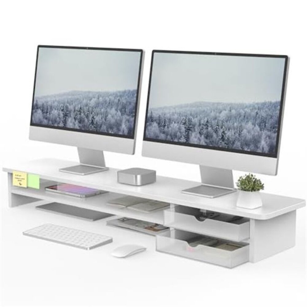 Dual Monitor Stand Riser Large 42 Inch Desk Organizer Wood Acrylic Laptop TV